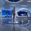 Futuristic Tech Exhibition Hall With Circular Platform Blue Lighting And Interactive Displays