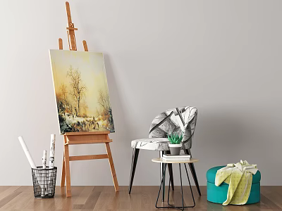 Stylish Accent Chair With Side Table Green Plant Easel And Cozy Blanket On Wooden Floor 3d model