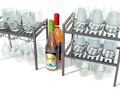 Elegant Wine Bottles and Glasses Display On Wine Rack With Assorted Glassware 3d model