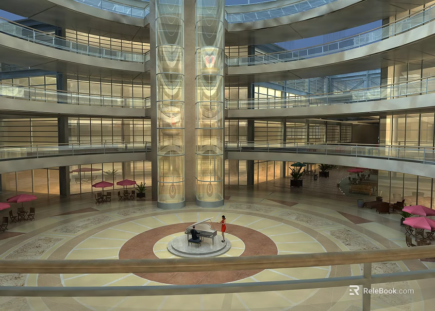 Well Lit Mall Atrium Multi Level Interior With Glass Elevator Circular Floor Design And Tables 3d model