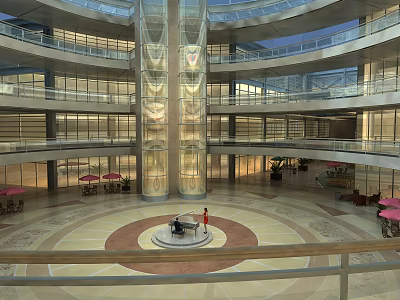 Well Lit Mall Atrium Multi Level Interior With Glass Elevator Circular Floor Design And Tables 3d model