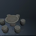 Rustic Textured Outdoor Table With Round Tabletop And Six Drum Shaped Stools 3d model
