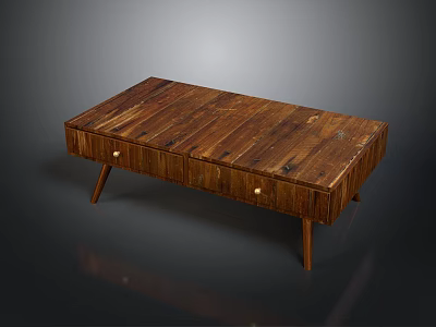 Rustic Natural Wooden Coffee Table With Sturdy Legs And Functional Drawers 3d model