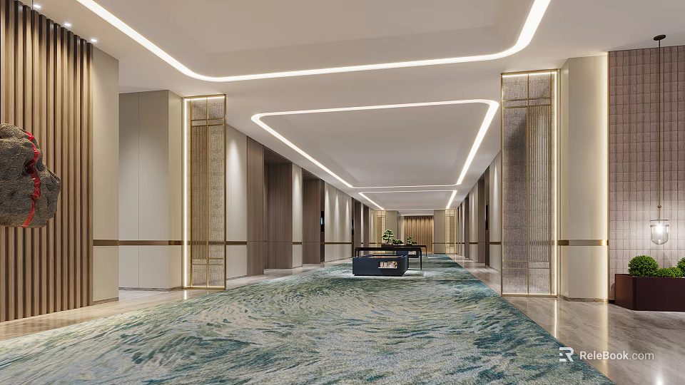 Elegant Hotel Corridor With Modern Recessed Lighting Decorative Columns And Patterned Carpet 3d model