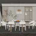 Modern Dining Room Interior With Wooden Table Beige Chairs Pendant Light Shelves And Plants