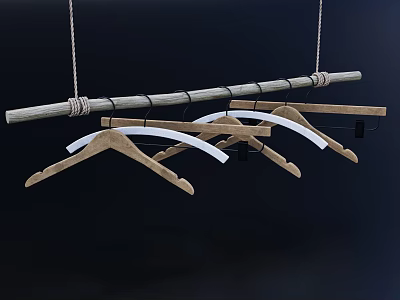 Stylish Wooden Hangers With Metal Hooks Hanging On Rope Tied Wooden Rod 3d model