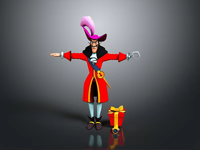 Man In Red Coat With Pink Hat And Hook Hand Standing By Gift Box 3d model