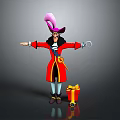 Man In Red Coat With Pink Hat And Hook Hand Standing By Gift Box
