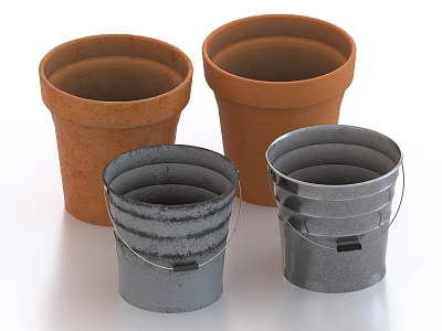 Terracotta Pots and Metal Buckets as Practical Household Storage and Decor Items 3d model