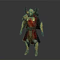 Game Movie Character In Ornate Fantasy Red Gold Armor With Horned Helmet