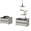 Modern Light Beige Bedside Table with Drawers and Open Book Bamboo Plant Vase