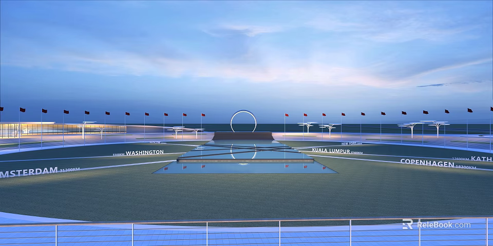 Modern Park Landscape With Open Lawn Reflecting Pool Flags Circular Structure Railing And Blue Sky 3d model