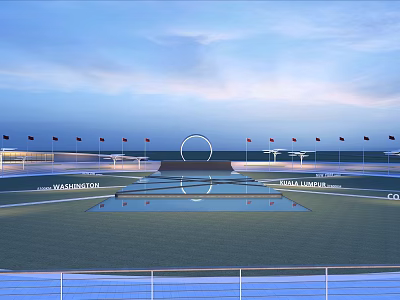 Modern Park Landscape With Open Lawn Reflecting Pool Flags Circular Structure Railing And Blue Sky 3d model