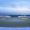 Modern Park Landscape With Open Lawn Reflecting Pool Flags Circular Structure Railing And Blue Sky 3d model