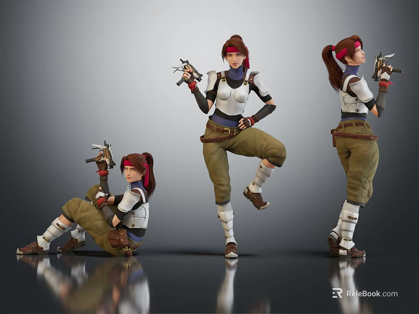 Three Poses Of Female 3D Game Character With Red Hair Holding Weapons And Tactical Gear 3d model 