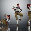 Three Poses Of Female 3D Game Character With Red Hair Holding Weapons And Tactical Gear