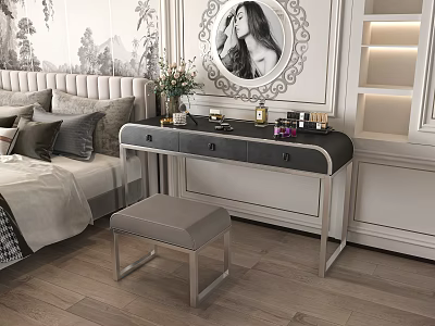 Modern Bedroom Dressing Table With Round Mirror Gray Stool Cosmetics And Flower Vase 3d model