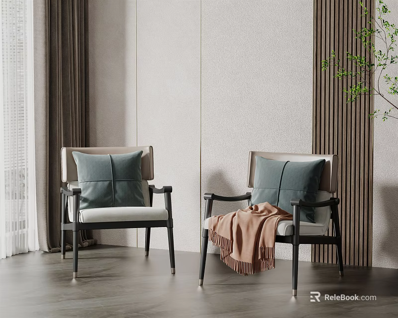 Modern Elegant Accent Chair Living Room Setup With Blue Pillows And Metal Legs 3d model 