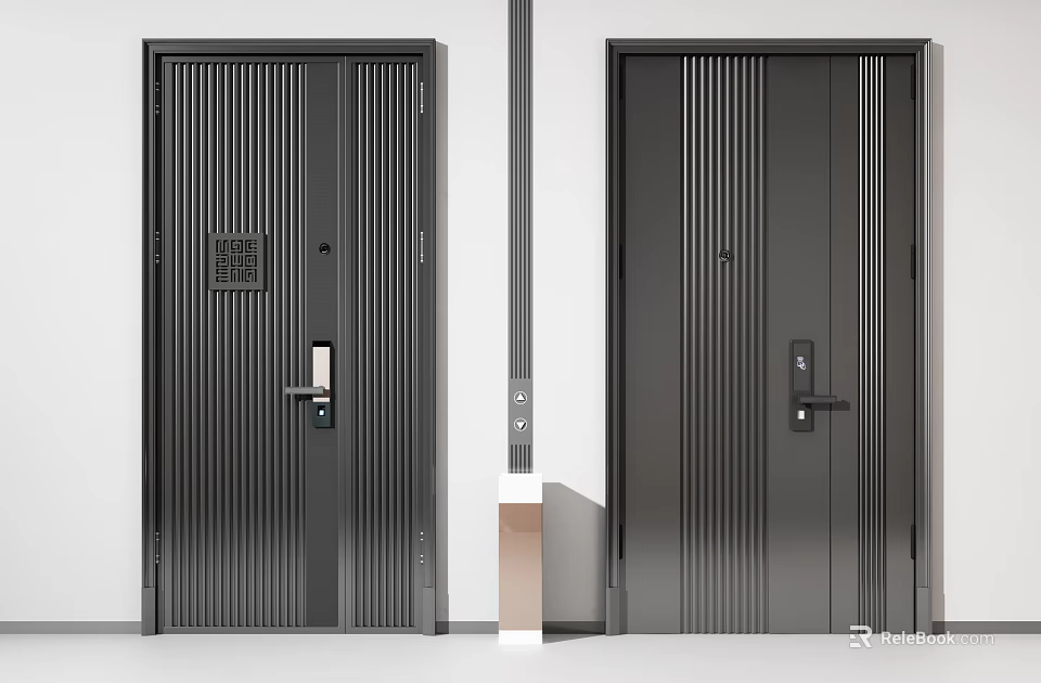 Modern Black Swing Door With Vertical Stripes Handle And Matte Finish Design 3d model 