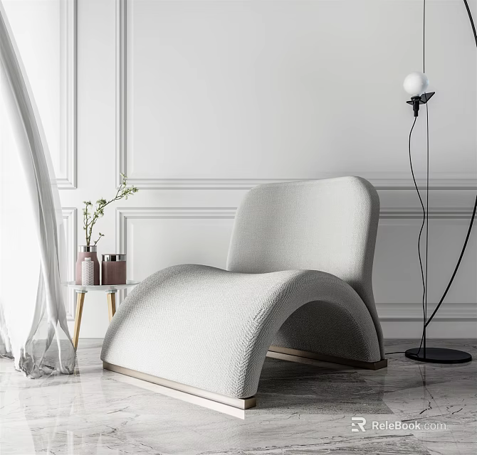 Modern Beige Single Sofa with Upholstered Fabric and Floor Lamp by Minimalist White Wall 3d model 