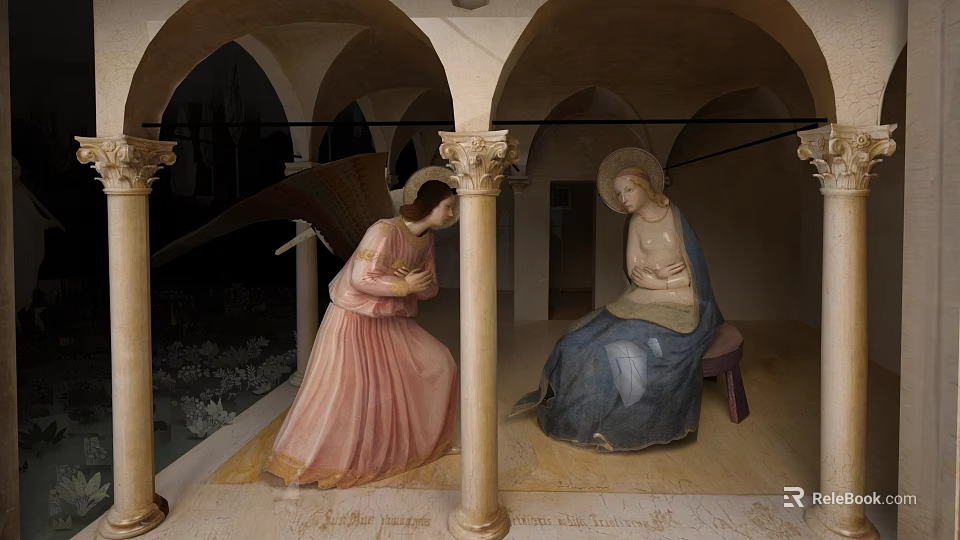 Cultural Art Exhibition Hall Showcasing Religious Statues In Traditional Attire With Arched Columns 3d model 