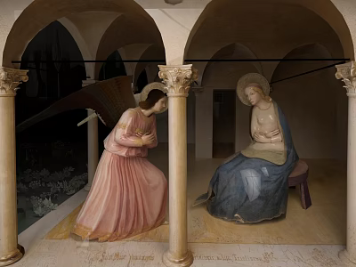 Cultural Art Exhibition Hall Showcasing Religious Statues In Traditional Attire With Arched Columns 3d model