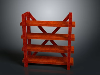 Red Wooden Bookshelf With Multiple Shelves And Cross Braces For Home Organization 3d model