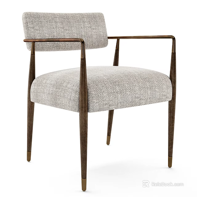 Modern Light Gray Fabric Dining Chair with Armrests and Dark Wooden Legs 3d model 
