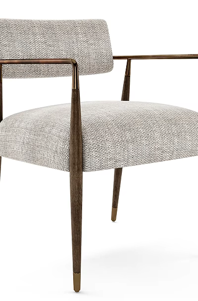 Modern Light Gray Fabric Dining Chair with Armrests and Dark Wooden Legs 3d model