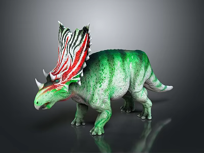 Realistic Green Striped Dinosaur Model Standing With Colorful Head Ornamentation And Horns 3d model