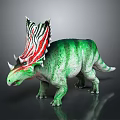 Realistic Green Striped Dinosaur Model Standing With Colorful Head Ornamentation And Horns