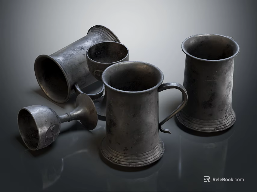 Vintage Silver Metal Cups Including Mugs And Goblets On Reflective Surface 3d model