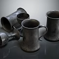 Vintage Silver Metal Cups Including Mugs And Goblets On Reflective Surface 3d model