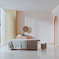 Elegant Modern SPA Sauna Interior With Pink Walls Round Mirror And Grey Sofa Bed