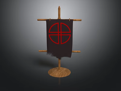 Traditional Wooden Banner Stand With Dark Fabric And Red Cross Symbol 3d model