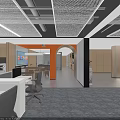 Modern Public Office Space Interior Design With Desks Chairs Sofa And Bookshelves