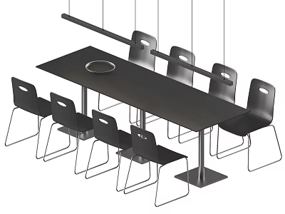 Modern Black Dining Table With Chairs Set Metal Base Circular Recess And Hanging Pendant Lights 3d model