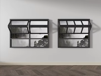 Two Open Black Framed Windows With Trees Outside Against White Wall And Dark Wooden Floor 3d model