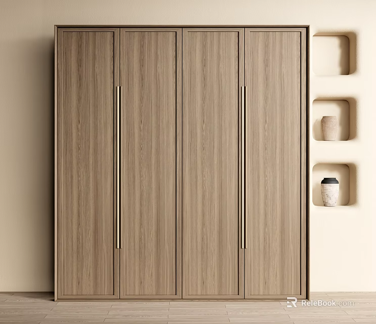 Modern Wooden Wardrobe With Sliding Doors And Metal Handles Near Open Shelves 3d model 