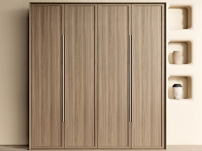 Modern Wooden Wardrobe With Sliding Doors And Metal Handles Near Open Shelves 3d model