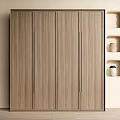 Modern Wooden Wardrobe With Sliding Doors And Metal Handles Near Open Shelves