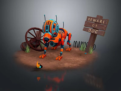 Mechanical Dog Character With Beware Of Dog Sign Old Wheel Desert Ground And Grass 3d model