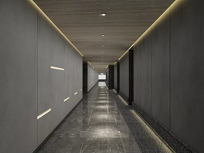 Elegant Hotel Corridor With Gray Walls Wooden Ceiling Recessed Lighting And Marble Flooring 3d model