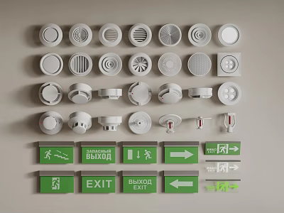 Fire Safety Equipment With Detectors Indicator Lights And Exit Signs 3d model