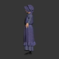 Woman In Purple Polka Dot Dress And Blue Bonnet With Arms Outstretched Against Dark Background