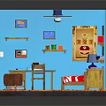 Cartoon Room Interior With Blue Walls Mario Poster Bed Desk And Wooden Floor