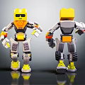 Lego Robot Characters With Yellow Heads And Orange Gray Bodies Front Back Views