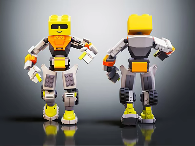 Lego Robot Characters With Yellow Heads And Orange Gray Bodies Front Back Views 3d model