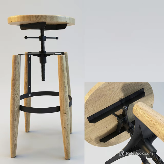 Rustic Wooden Bar Stool With Black Metal Frame And Adjustable Height Design 3d model 
