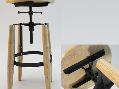 Rustic Wooden Bar Stool With Black Metal Frame And Adjustable Height Design 3d model